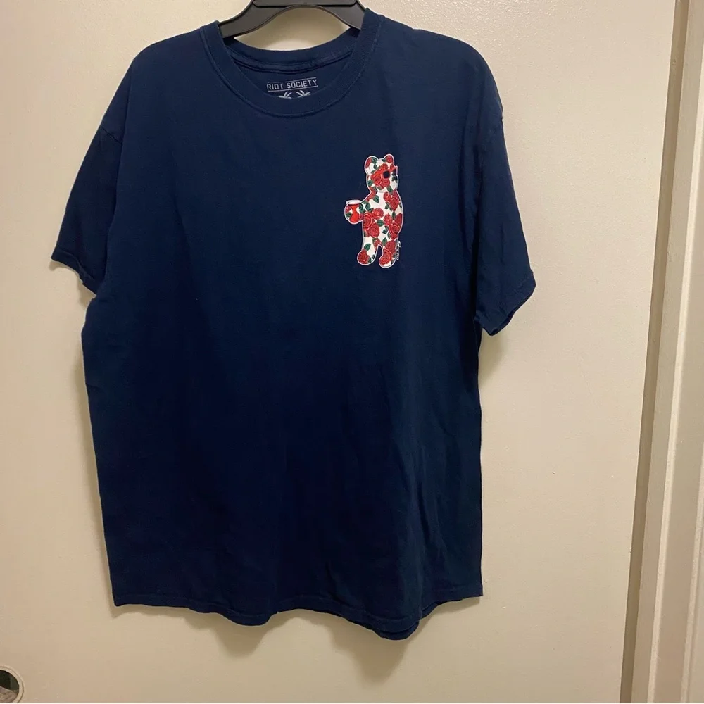 Riot Society Mens Graphic Tee T Shirt XL 44” Navy Blue Bear In Roses On Chest - Picture 2 of 4